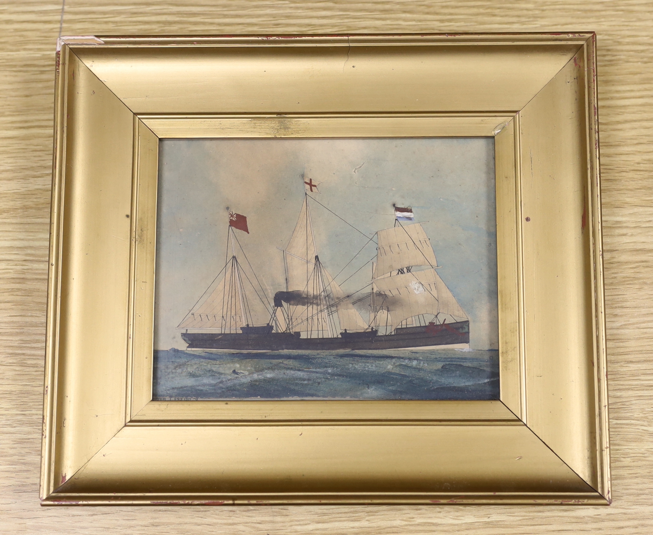 Mid 19th century, Naive English School, watercolour on card, A three masted coastal trader, 13 x 16.5cm gilt framed